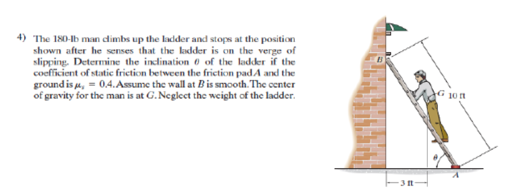 Solved 4) The 180-lb man climbs up the ladder and stops at | Chegg.com