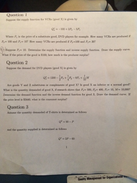 Solved Question 1 Suppose the supply function for VCRs (good
