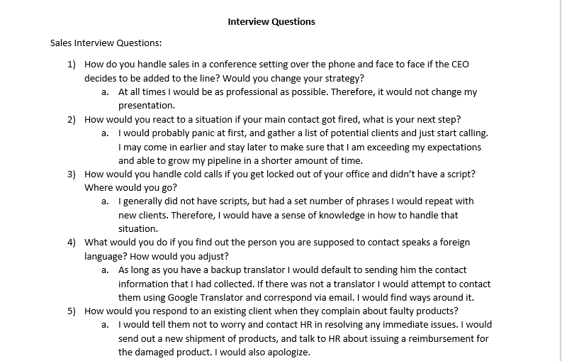 Questions asked at interviews for sales jobs