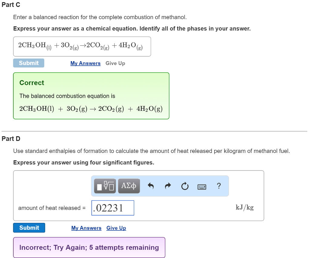 write a balanced equation for the complete oxidation of methanol