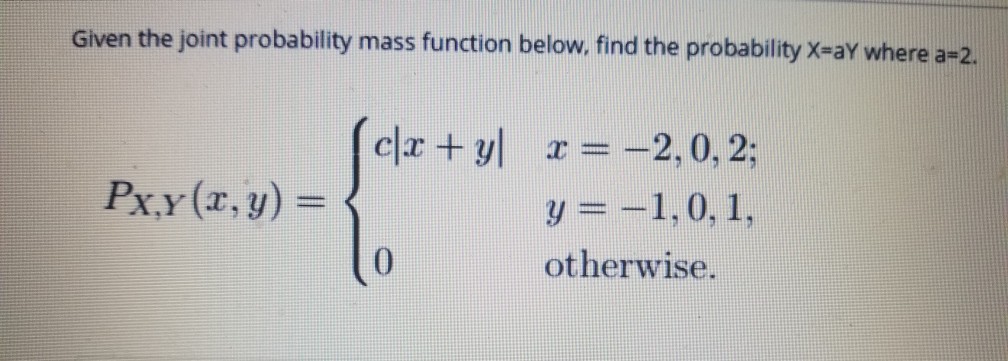 Solved Given the joint probability mass function below, find | Chegg.com