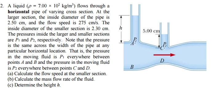 Solved A liquid (rho = 7.00 times 10^2 kg/m^3) flows through | Chegg.com