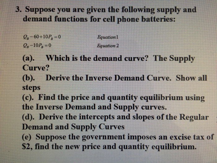 Solved Suppose you are given the following supply and demand | Chegg.com