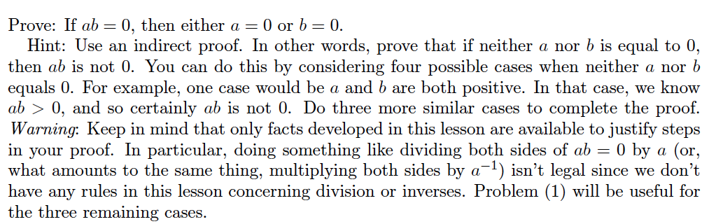 Solved Prove: If ab = 0, then either a = 0 or b = 0. Use an | Chegg.com