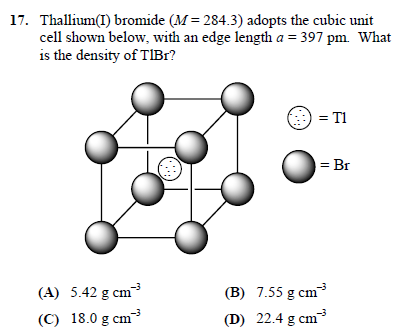 Solved Thallium(I) bromide (M = 284.3) adopts the cubic unit | Chegg.com