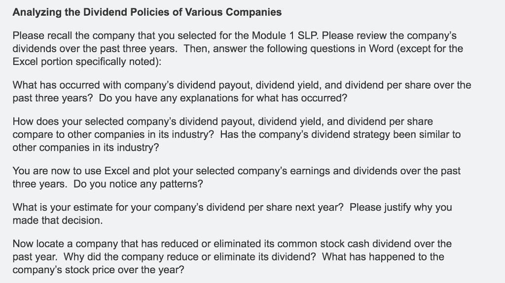 Solved Analyzing the Dividend Policies of Various Companies | Chegg.com