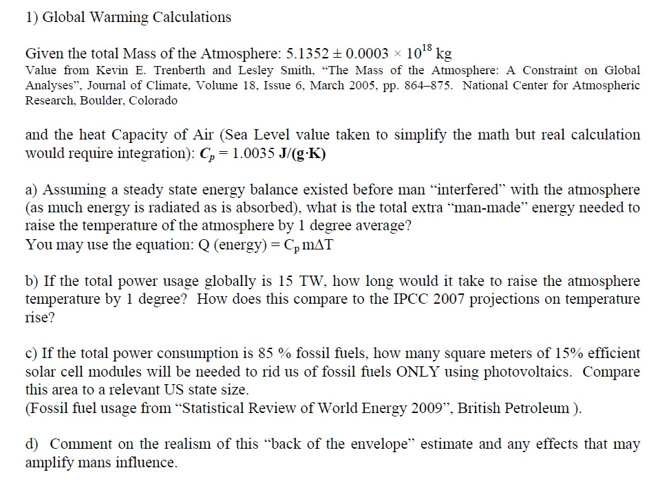 Solved 1) Global Warming Calculations Given the total Mass | Chegg.com