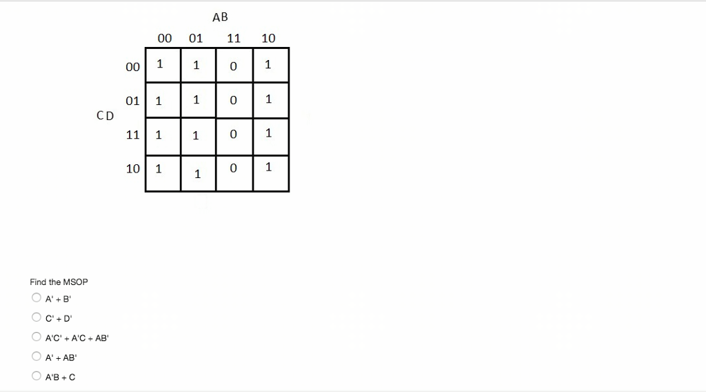 Solved AB 00 01 11 10 001 01| 1 1 0 1 CD 1 0 1 10 1 0 1 1 | Chegg.com