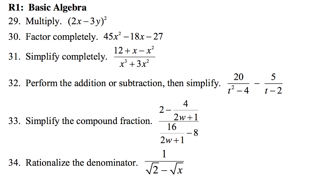 Solved R1: Basic Algebra 29. Multiply· (2x-3y)2 30. Factor | Chegg.com