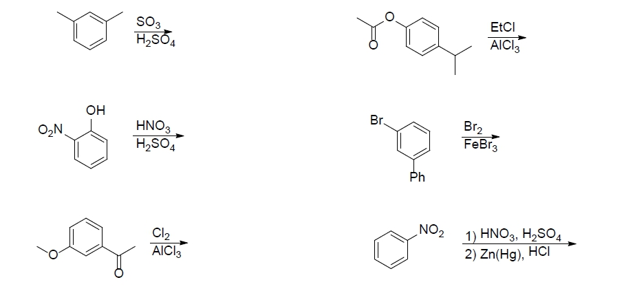 Solved SO3 H2SO4 EtCl AIC3 OH HNO3 H2SO4 r. O2N 2 FeBr3 CI | Chegg.com