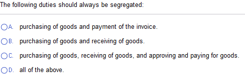 Solved The following duties should always be segregated A. | Chegg.com