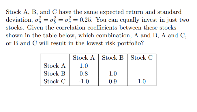 Solved Stock A, B, And C Have The Same Expected Return And | Chegg.com