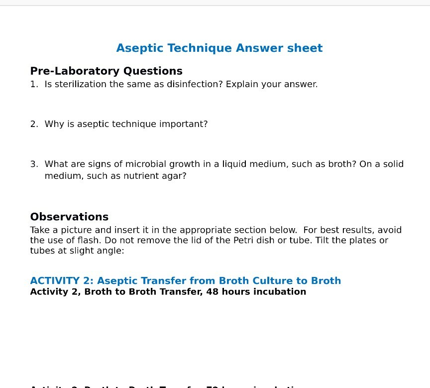 Solved Aseptic Technique Answer sheet PreLaboratory