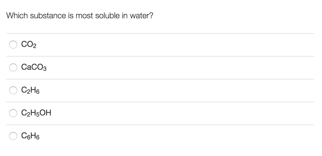 Solved Which substance is most soluble in water? C0_2