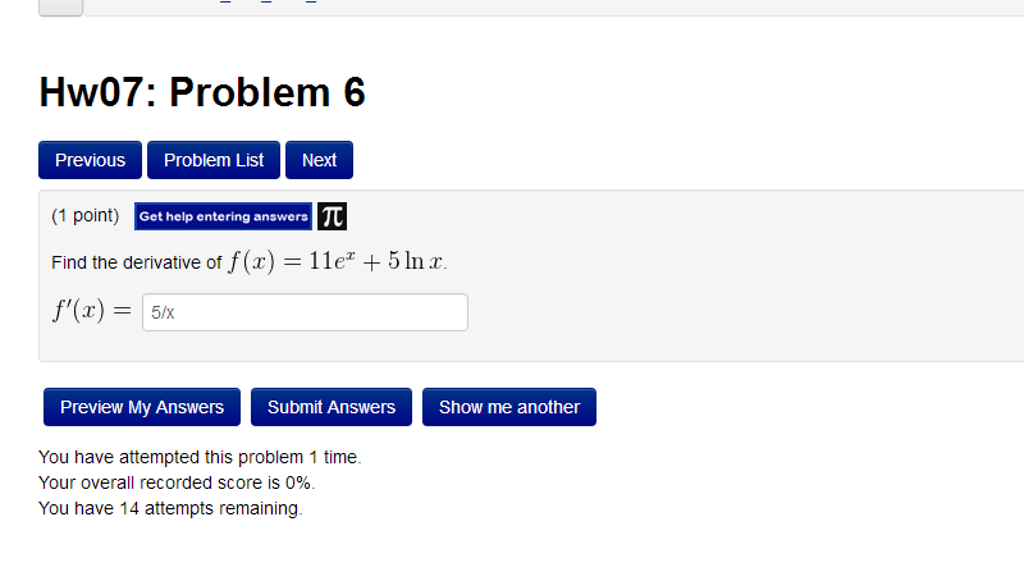 solved-find-the-derivative-of-f-x-11e-x-5-in-x-f-x-chegg