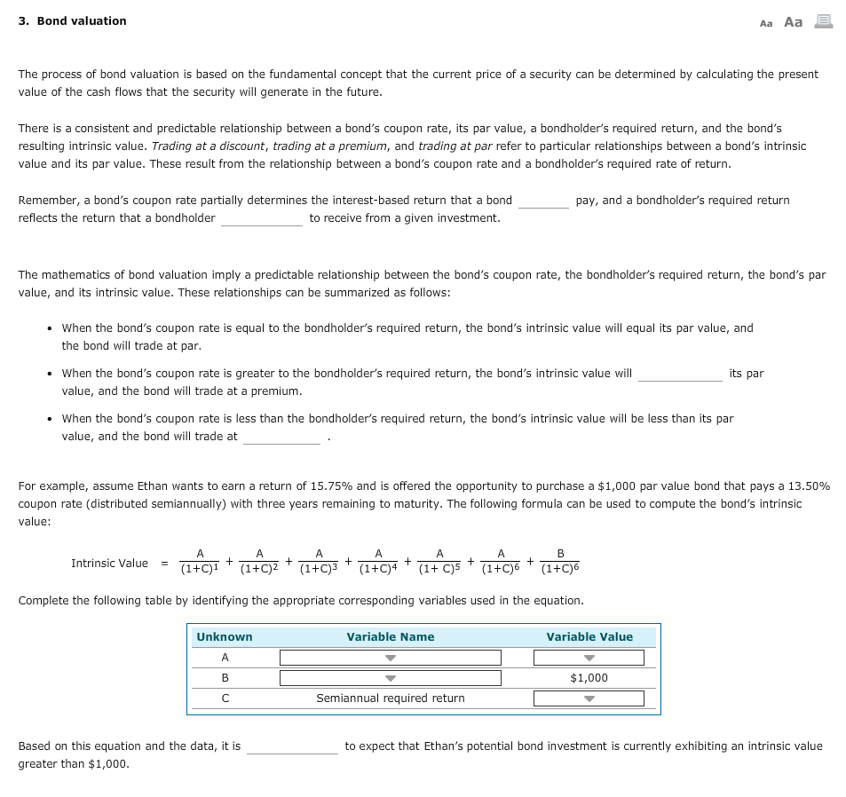 Solved 3. Bond valuation Aa Aa The process of bond valuation | Chegg.com