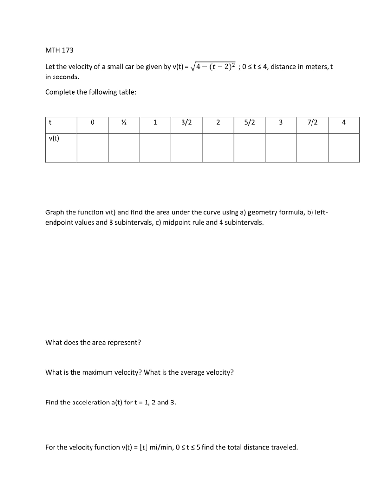 Solved MTH 173 Let the velocity of a small car be given by | Chegg.com