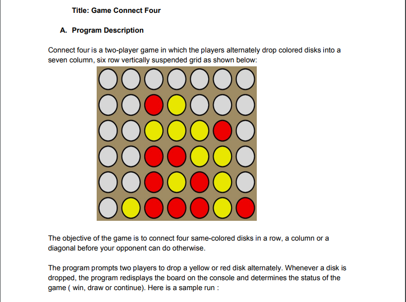 Title: Game Connect Four A. Program Description | Chegg.com