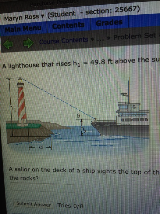 a lighthouse that rises h1=49.8ft above the surface | Chegg.com