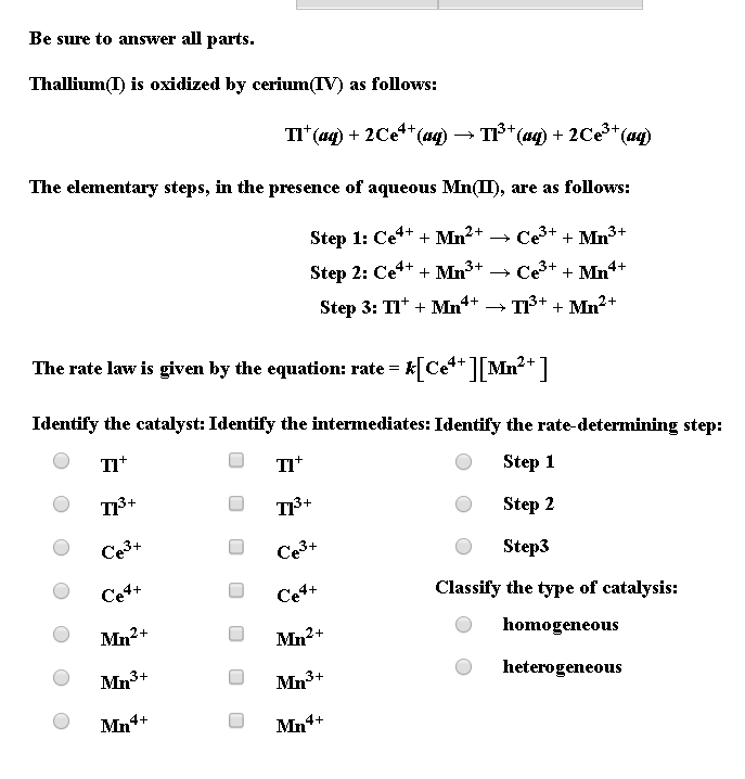 Solved Be sure to answer all parts Thallium(I) is oxidized | Chegg.com