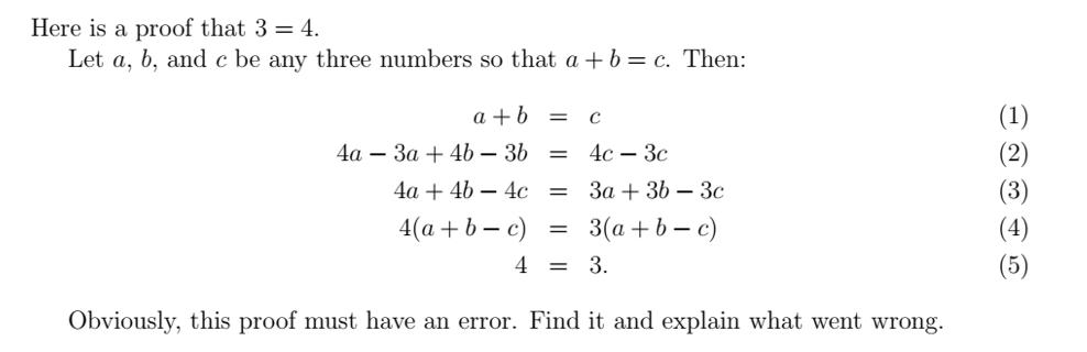 Solved Here Is A Proof That 3=4. Let A, B, And C Be Any | Chegg.com