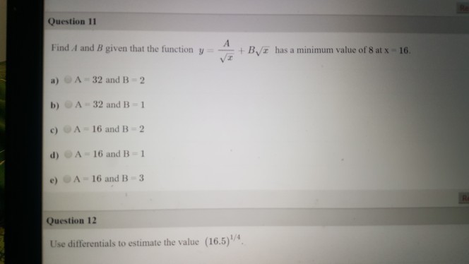 Solved Question 11 Find A And B Given That The Function Y | Chegg.com