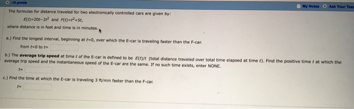 Solved The formulas for distance traveled for two | Chegg.com
