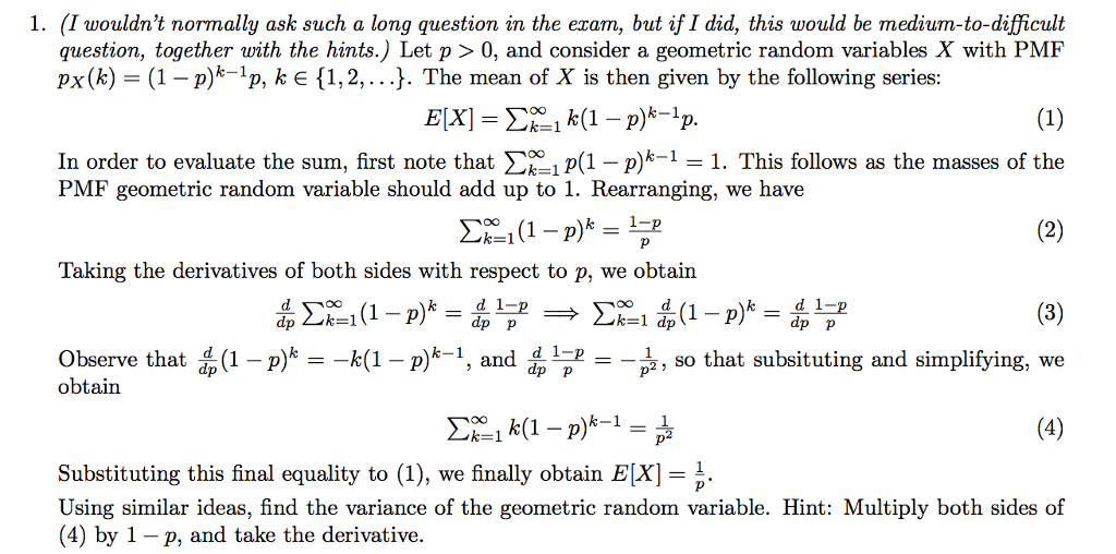 Solved Let p > 0, and consider a geometric random variables | Chegg.com