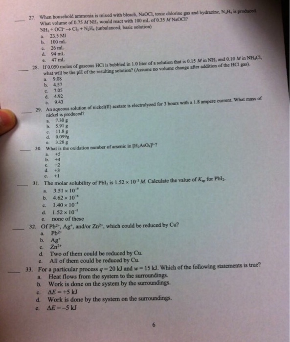 Solved When household ammonia is mixed with bleach, NaOCI,