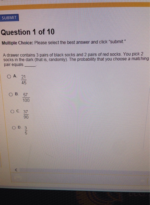 Solved A drawer contains 3 pairs of black socks and 2 pairs Chegg com