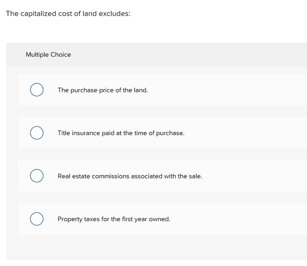 Solved The capitalized cost of land excludes Multiple