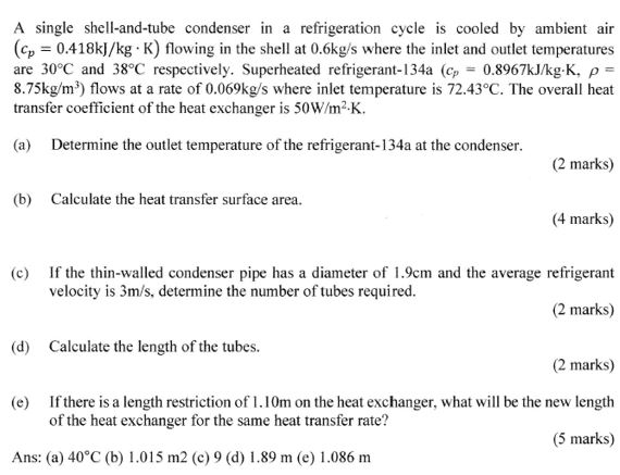 Solved A single shell-and-tube condenser in a refrigeration | Chegg.com