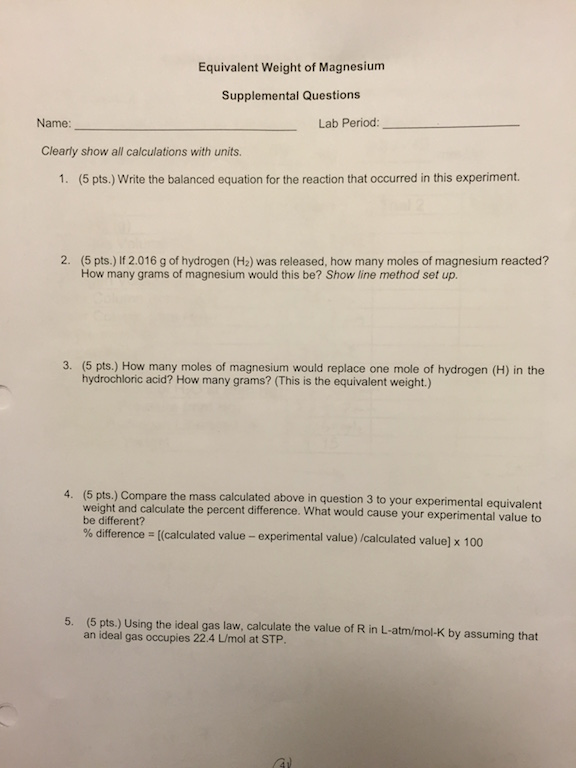 Solved lab EQUIVALENT WEIGHT MAGNESIUM procedure and