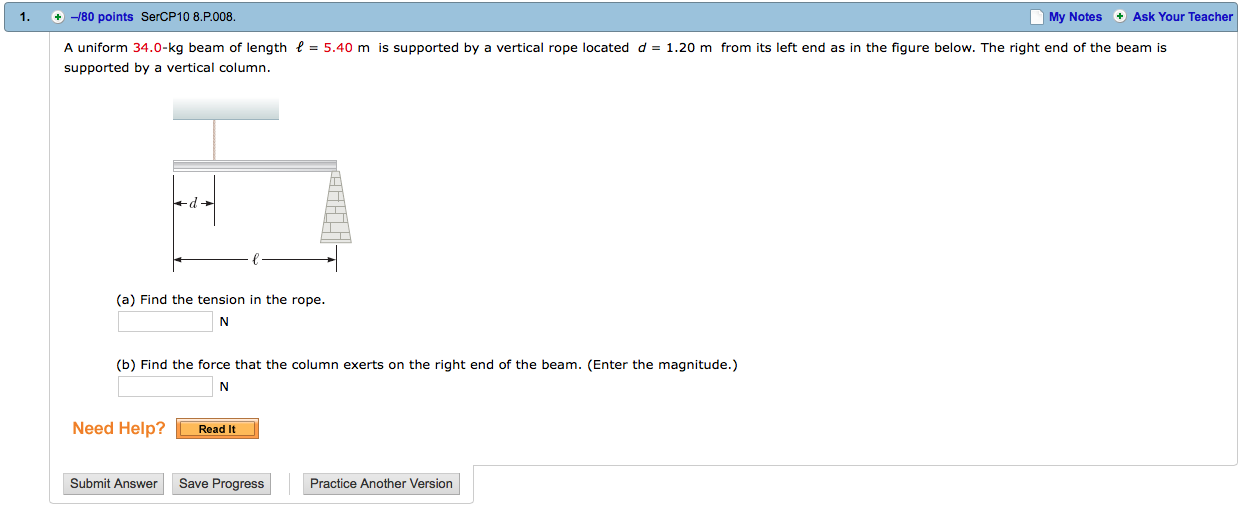 Solved 1 A uniform 34 0 kg beam of length ell = 5 40 m is Chegg com