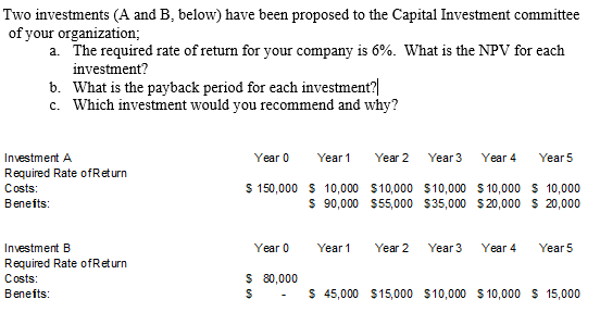 Two Investments (A And B, Below) Have Been Proposed | Chegg.com