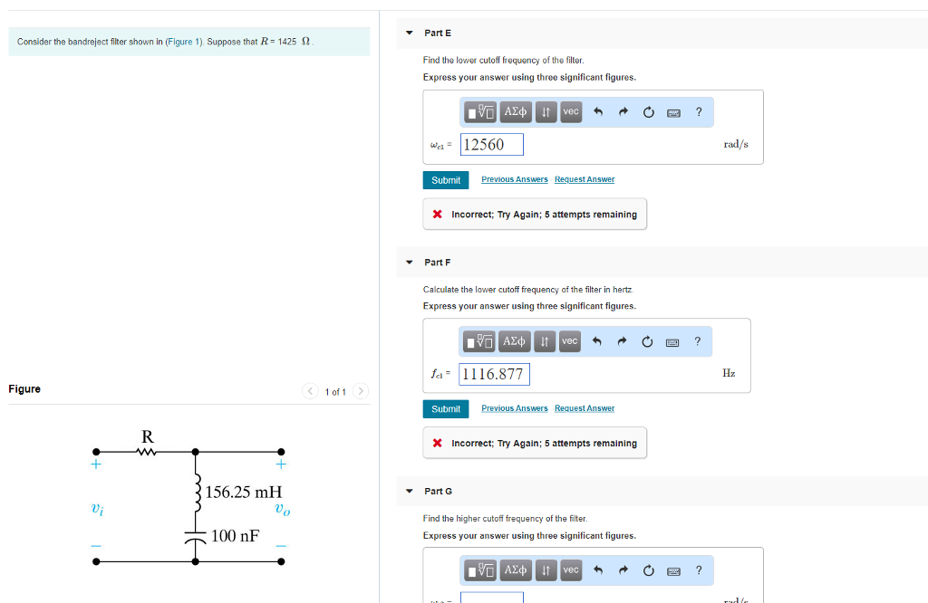 Solved Part E Consider the bandreject filter shown in | Chegg.com