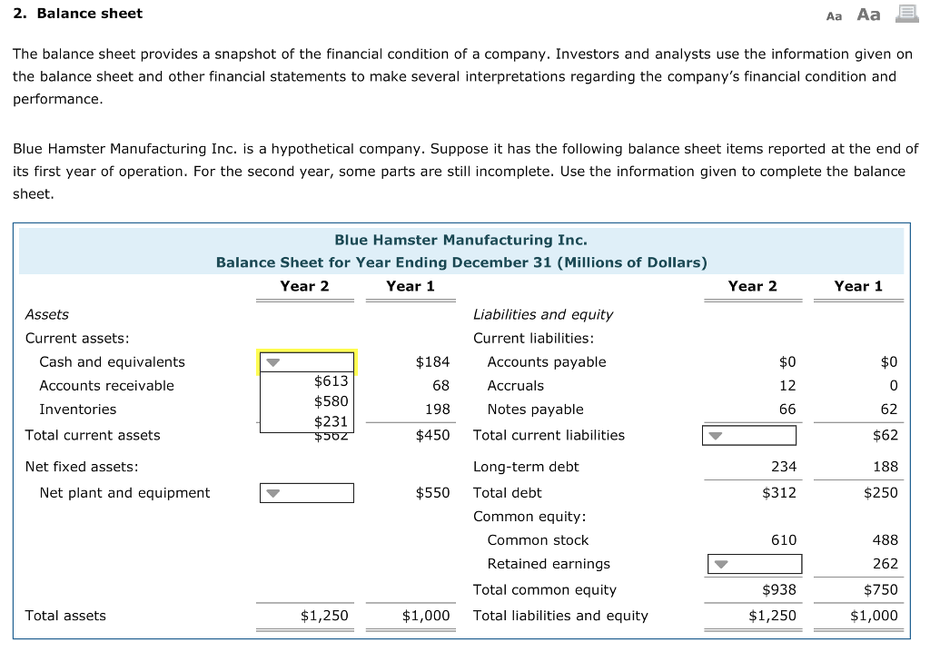 Solved 2. Balance sheet Aa Aa The balance sheet provides a