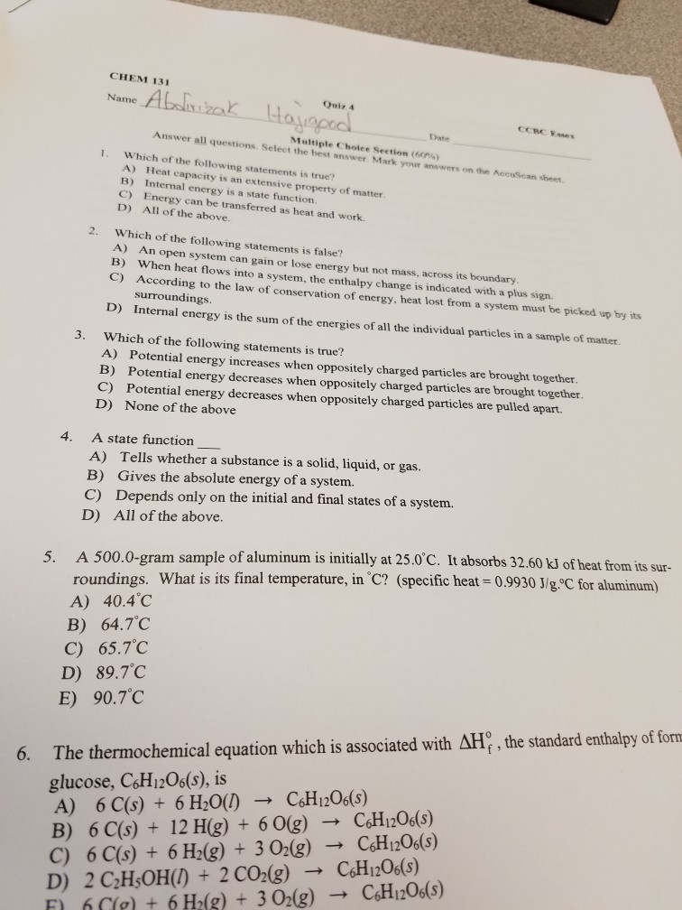 Solved CHEM 131 Name Qniz 4 po Date Answer all questions.