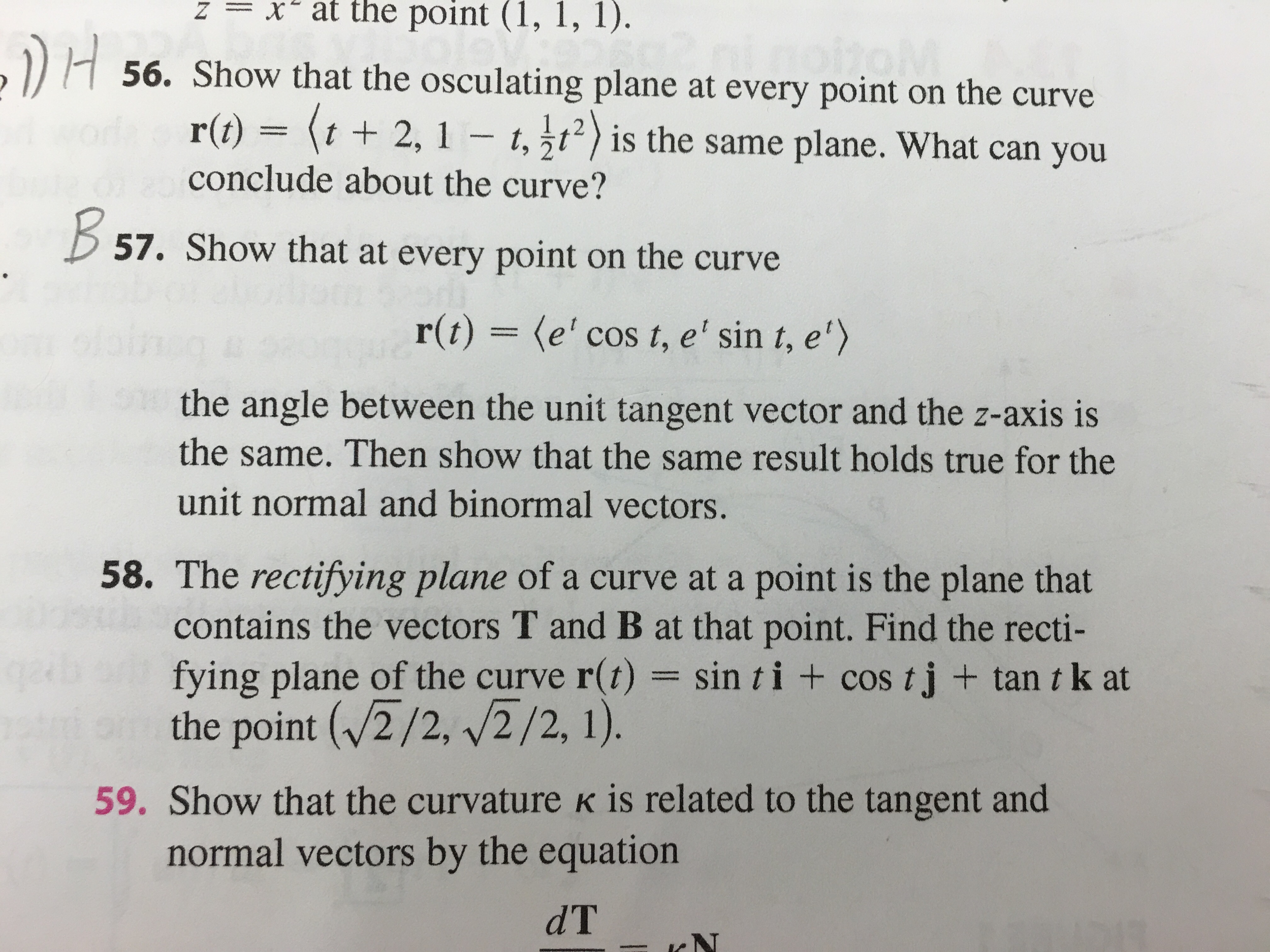Osculating Plane Math Solved Show that the osculating plane at every point on the | Chegg.com