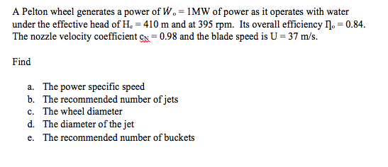 Solved A Pelton Wheel Generates A Power Of Wo-1mw Of Power 