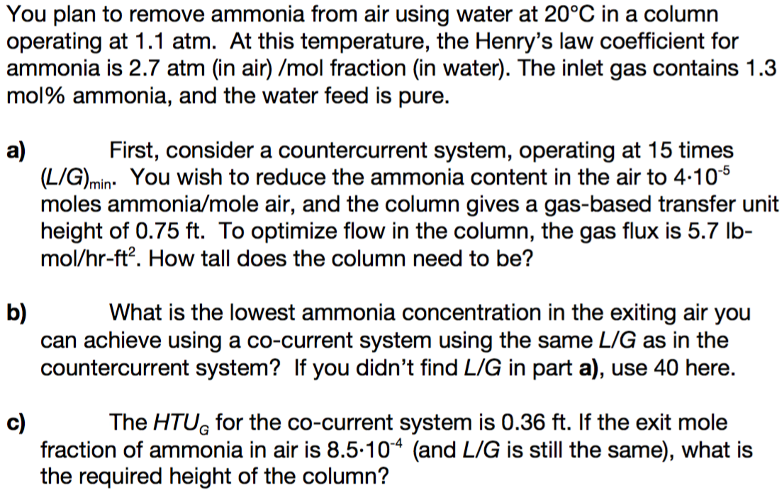 You plan to remove ammonia from air using water at 20
