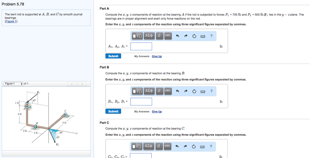 Solved The bent rod is supported at A, B, and C by smooth | Chegg.com
