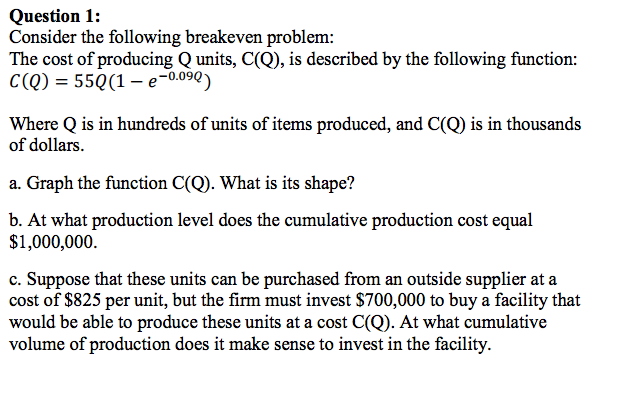 Solved Consider the following breakeven problem: The cost | Chegg.com