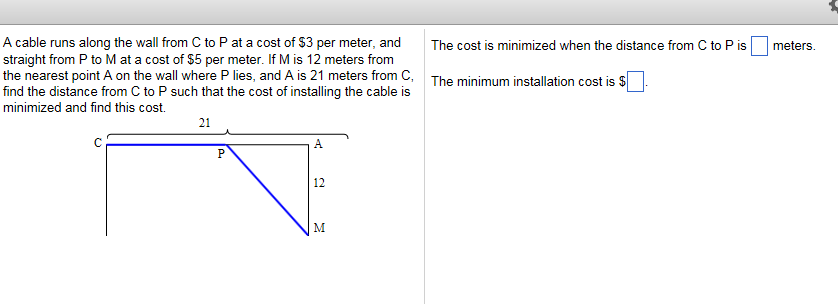 Solved A cable runs along the wall from C to P at a cost of