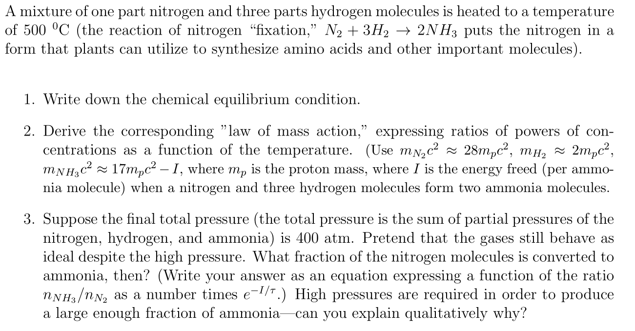 Solved mixture of one part nitrogen and three parts | Chegg.com