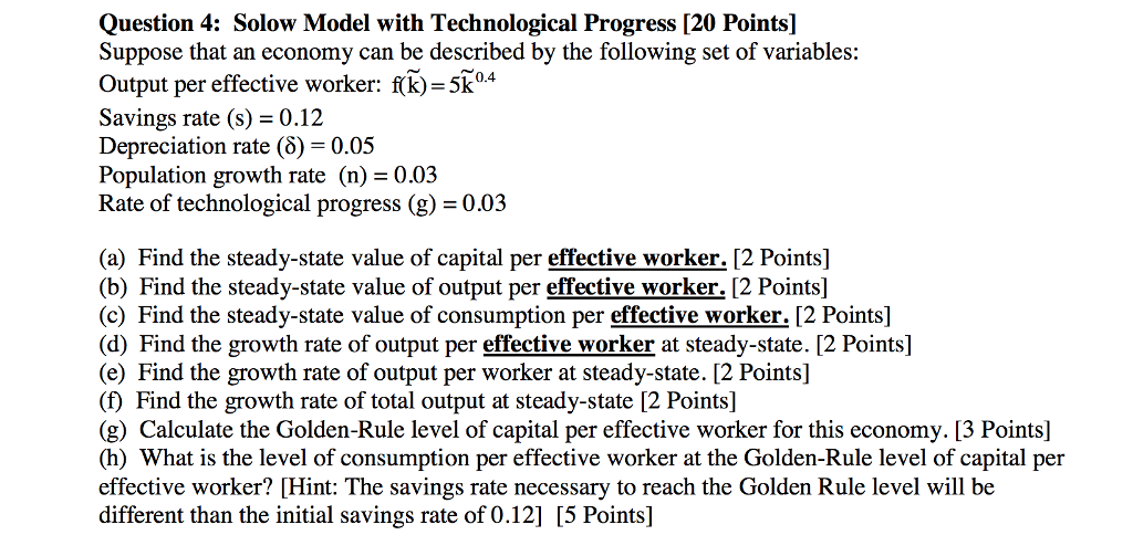 Solved Question 4 Solow Model with Technological Progress