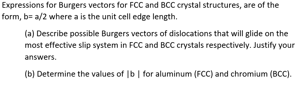 Solved Expressions for Burgers vectors for FCC and BCC | Chegg.com