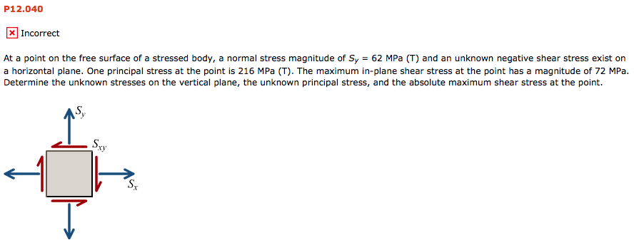 Solved P12.040 Incorrect At a point on the free surface of a | Chegg.com