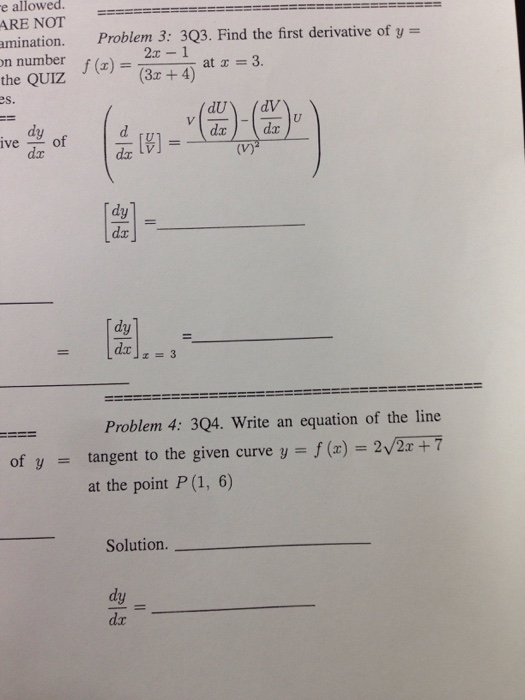 Solved Problem 3: 3Q3. Find the first derivative of y = f(x) | Chegg.com