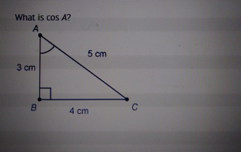 Solved What is cos A? 5 cm 3 cm 4 cm | Chegg.com